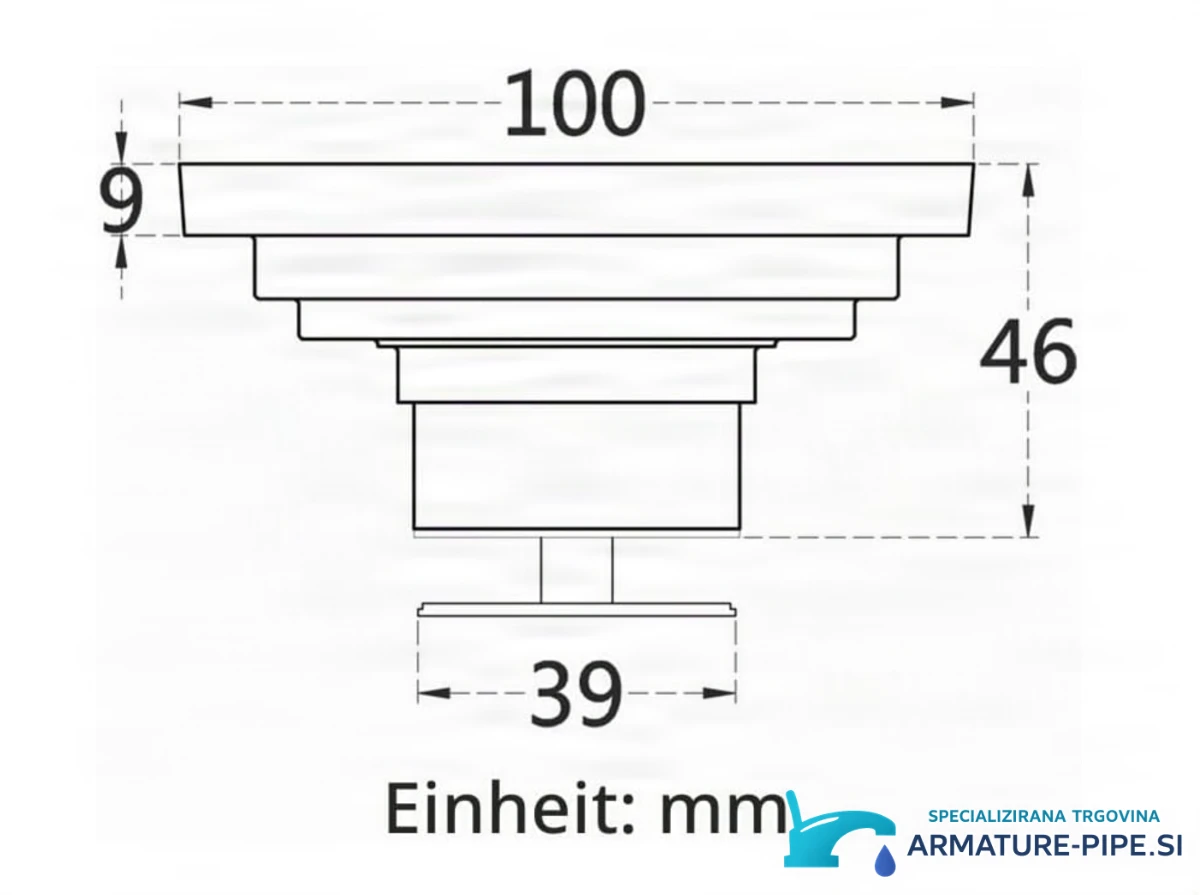 Tehnički crtež kvadratne tuš kanalice AS2151 (100 mm, 46 mm, 39 mm)