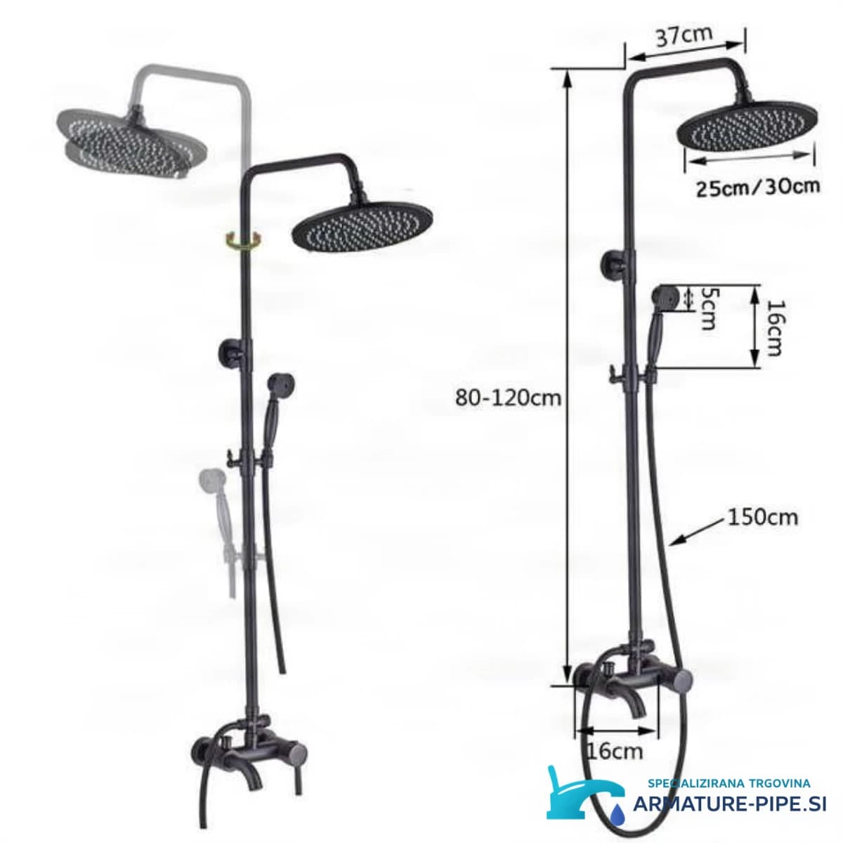 Rozměry systému EYN CKT2012: výška 80–120 cm, hlavová sprcha 25 nebo 30 cm