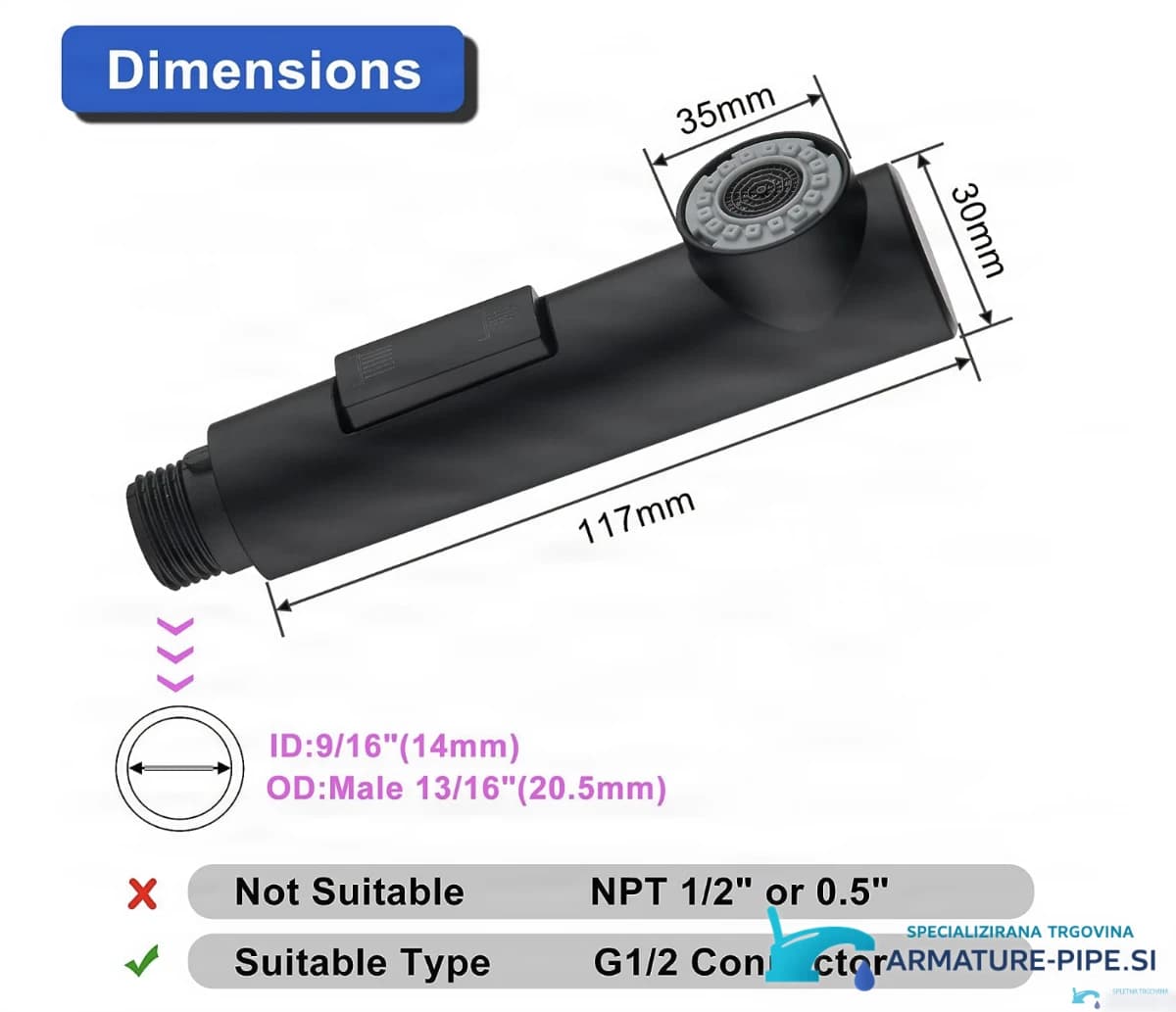 Parametry černé sprchové hlavice EYN BG1708: délka 117 mm a přípojka G1/2