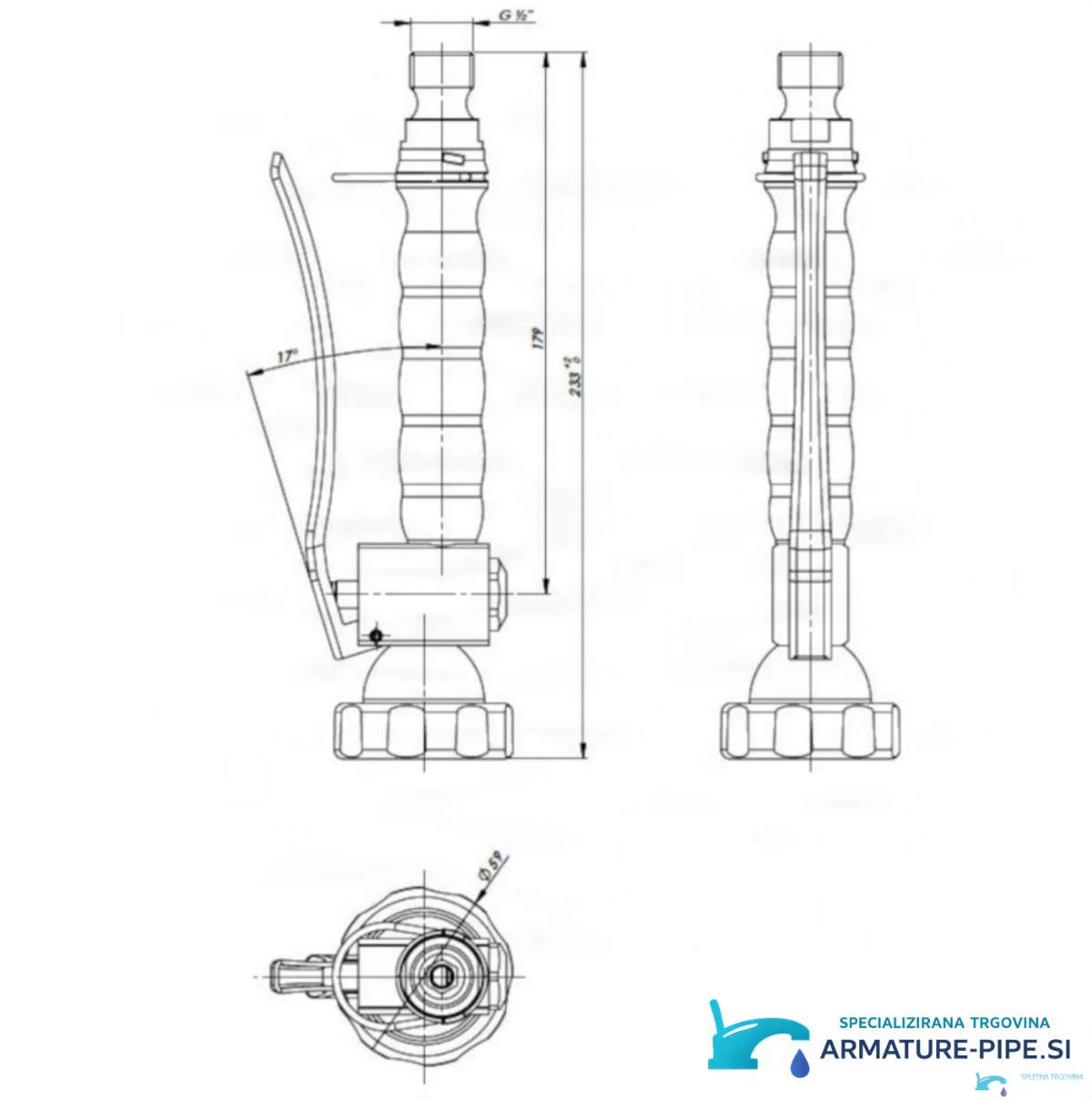 Technický výkres gastro oplachové hlavice GL1809 (233 mm, G 1/2)