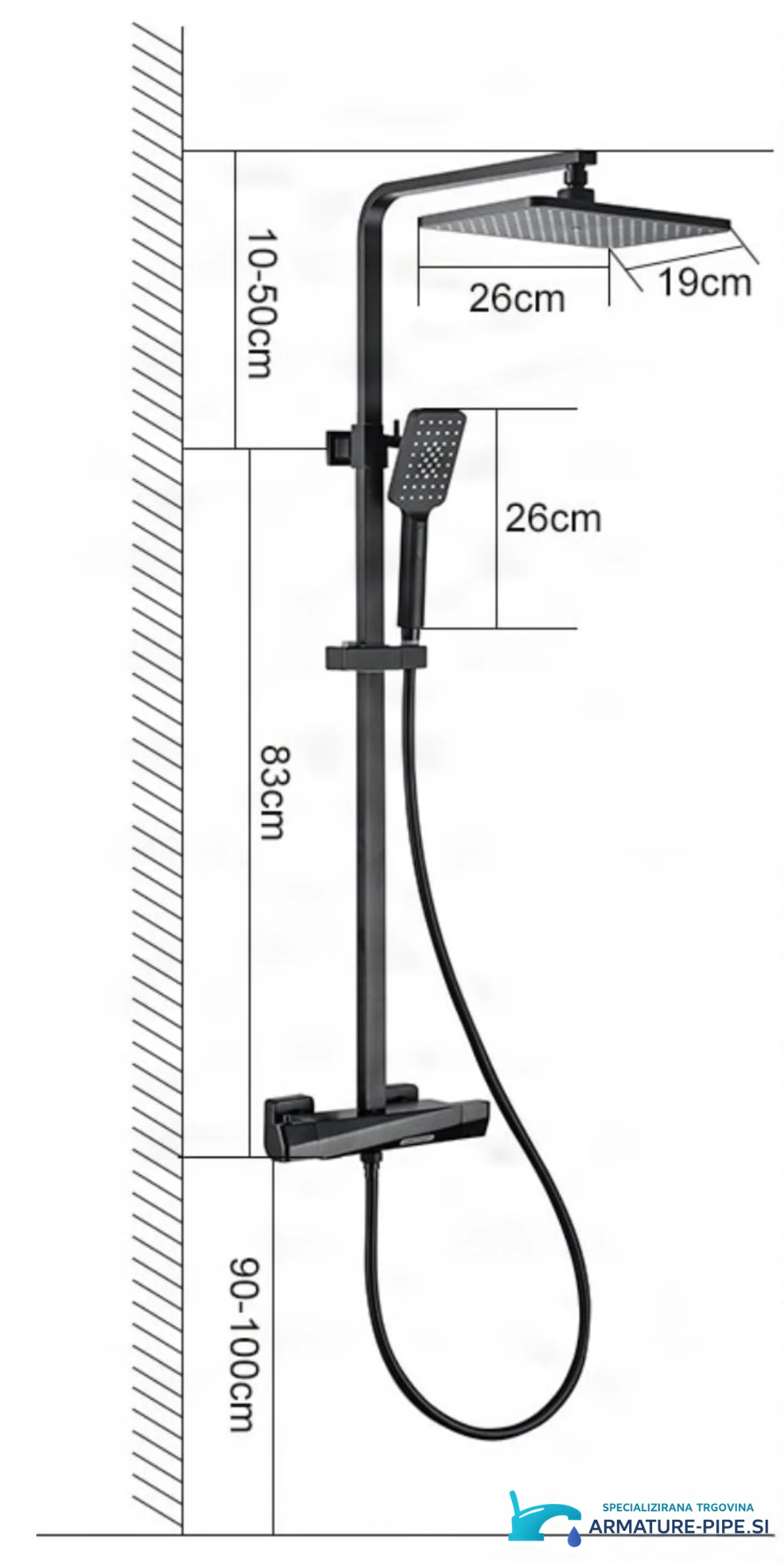 Technický výkres nástěnného sprchového systému EYN TB1751 (26 × 19 cm, nastavitelná výška)