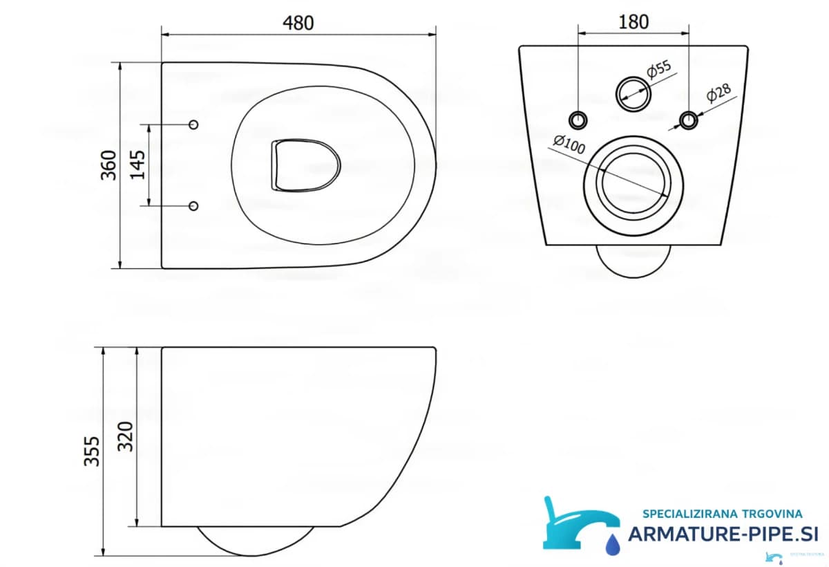 Technický výkres WC DELUXE TO1699 (480 × 360 × 355 mm, rozteč upevnění 180 mm)