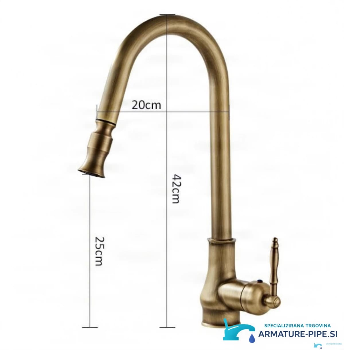 Výkres baterie EYN AQ1343: výška 42 cm, dosah 20 cm a výška ramínka 25 cm