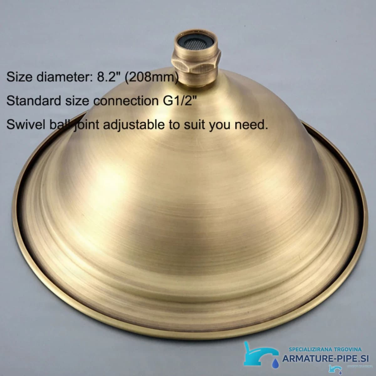 Parametry retro hlavice GZA1720: průměr 208 mm, přípojka G1/2 a kulový kloub