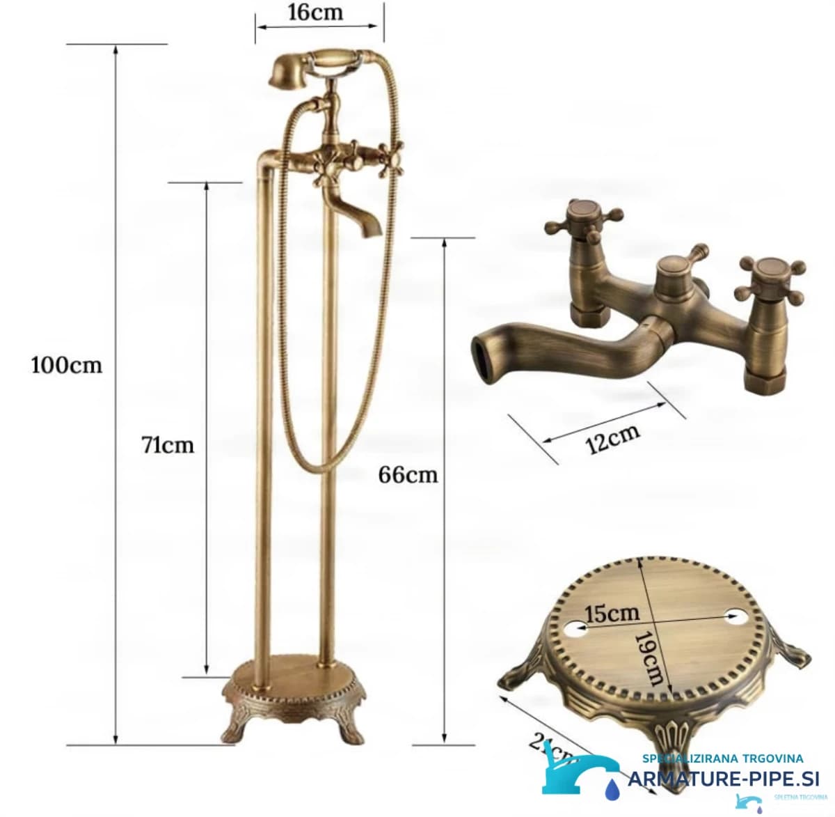 Volně stojící vanová baterie AQF2016: výška 100 cm, základna 21 cm