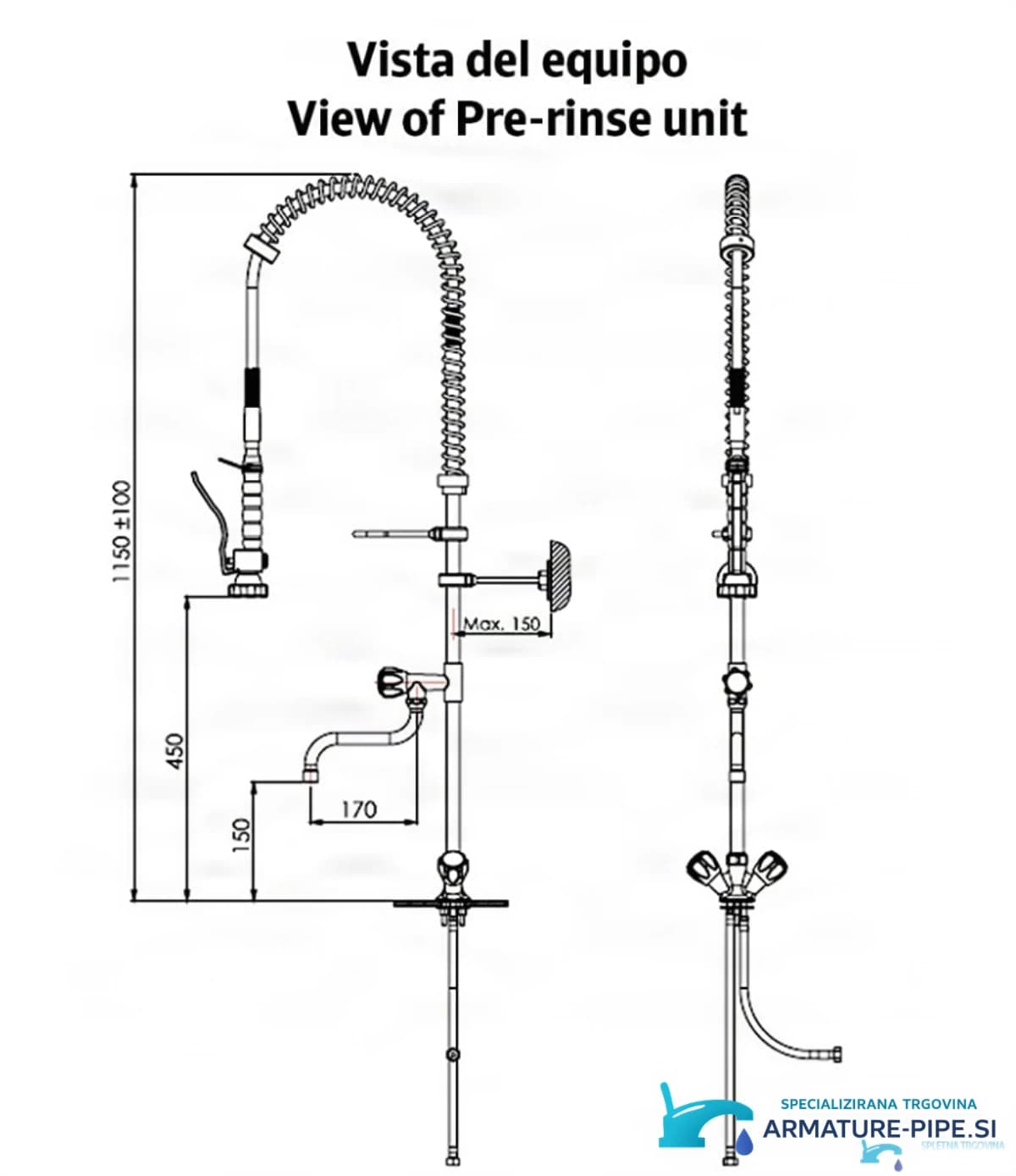 Technický výkres gastro baterie PRO1337 (1150 ± 100 mm, dosah 170 mm)