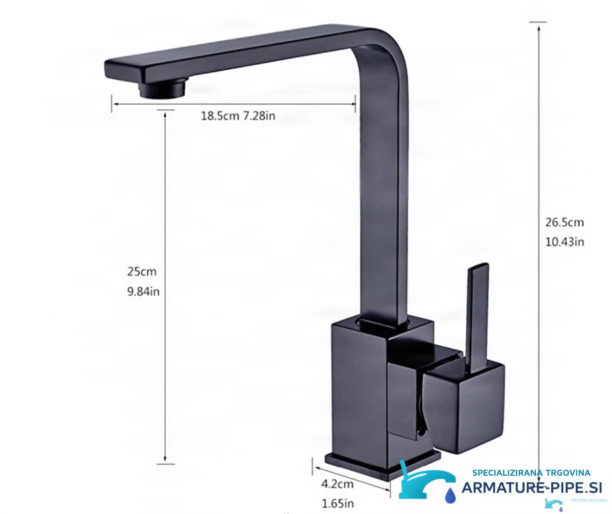 Rozměry baterie EYN NT1252: výška 26,5 cm a dosah výtoku 18,5 cm