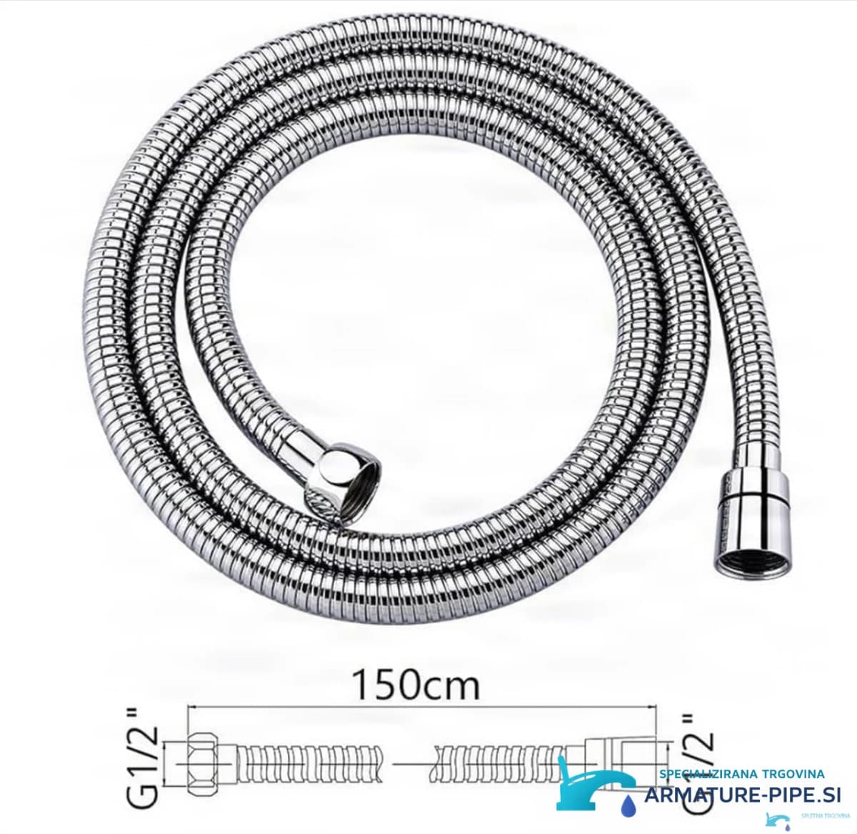 Technický výkres chromové hadice EYN SH1238 s délkou 150 cm a závity G1/2
