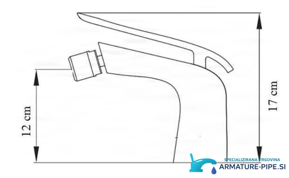 Technický nákres bidetové baterie woo-6963 s celkovou výškou 17 cm a výškou výtoku 12 cm