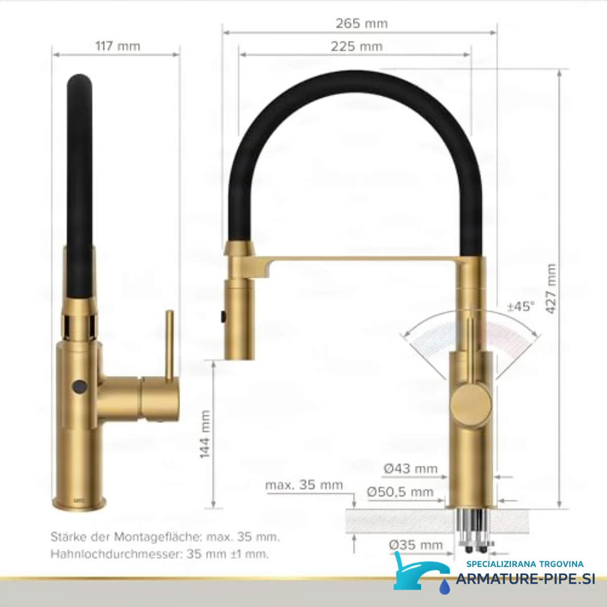 Tehnična risba armature ELITE EDITION KF1445 z višino 427 mm in širino 265 mm