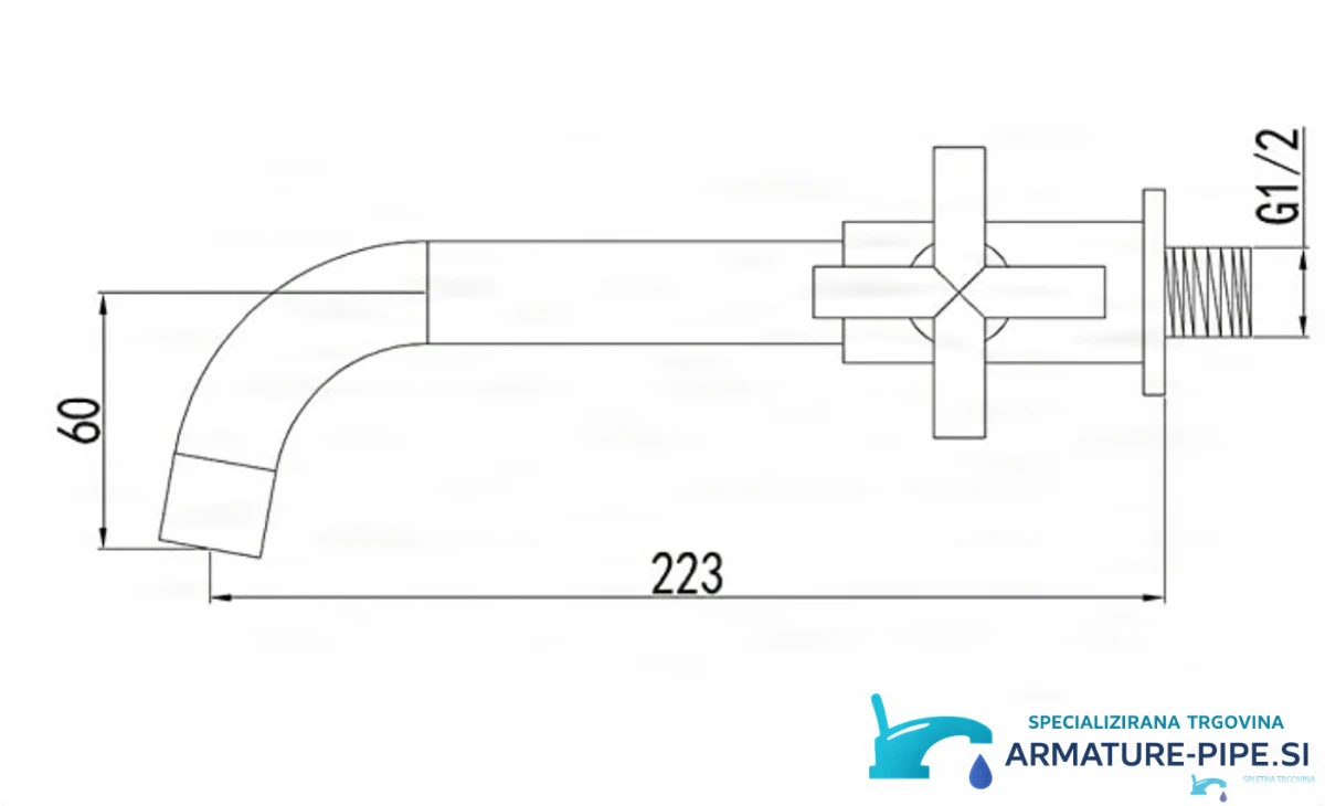 Technický výkres baterie na studenou vodu WB1414 (223 × 60 mm, G1/2)