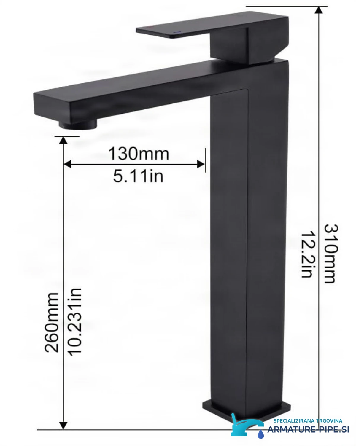 Rozměry černé baterie BC1320: výška 310 mm, výška výtoku 260 mm a dosah 130 mm