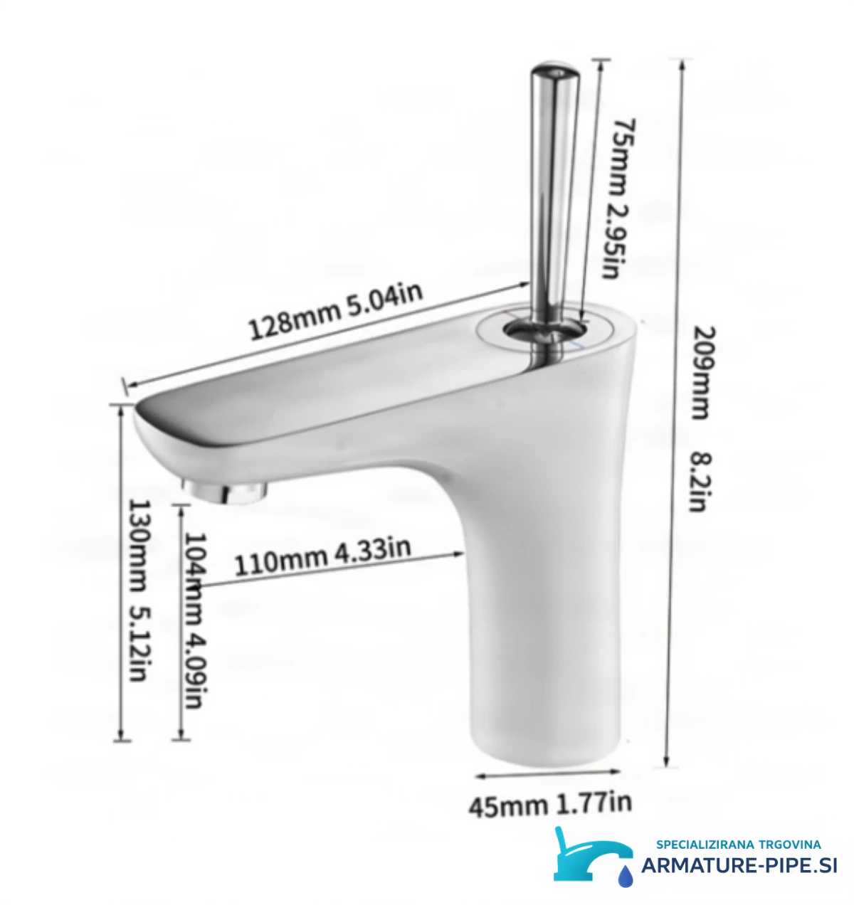 Technický výkres baterie BKK1306 s výškou 209 mm a dosahem 128 mm