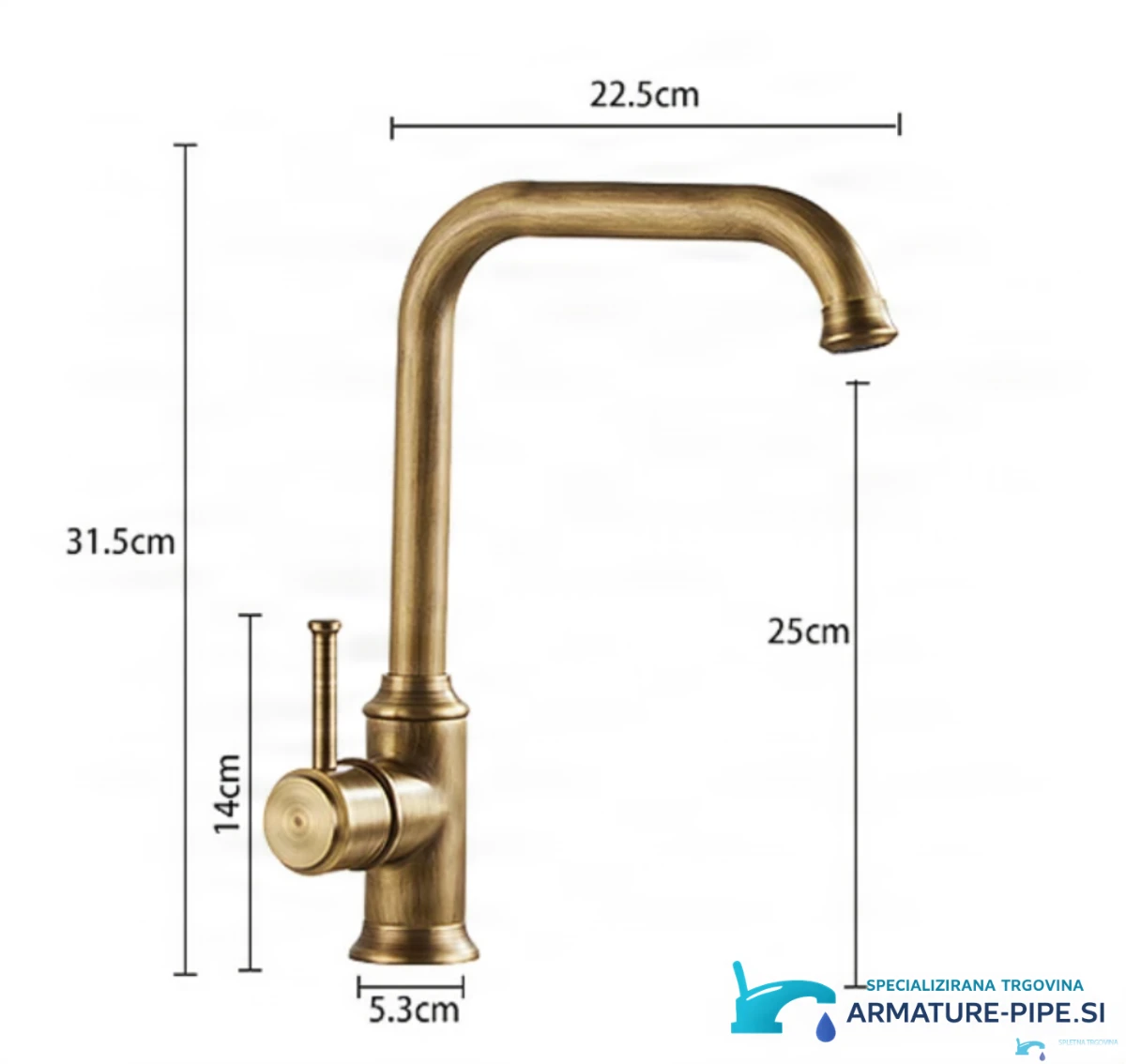 Technické rozměry starožitné baterie AQ1829 (výška 31,5 cm, dosah 22,5 cm)